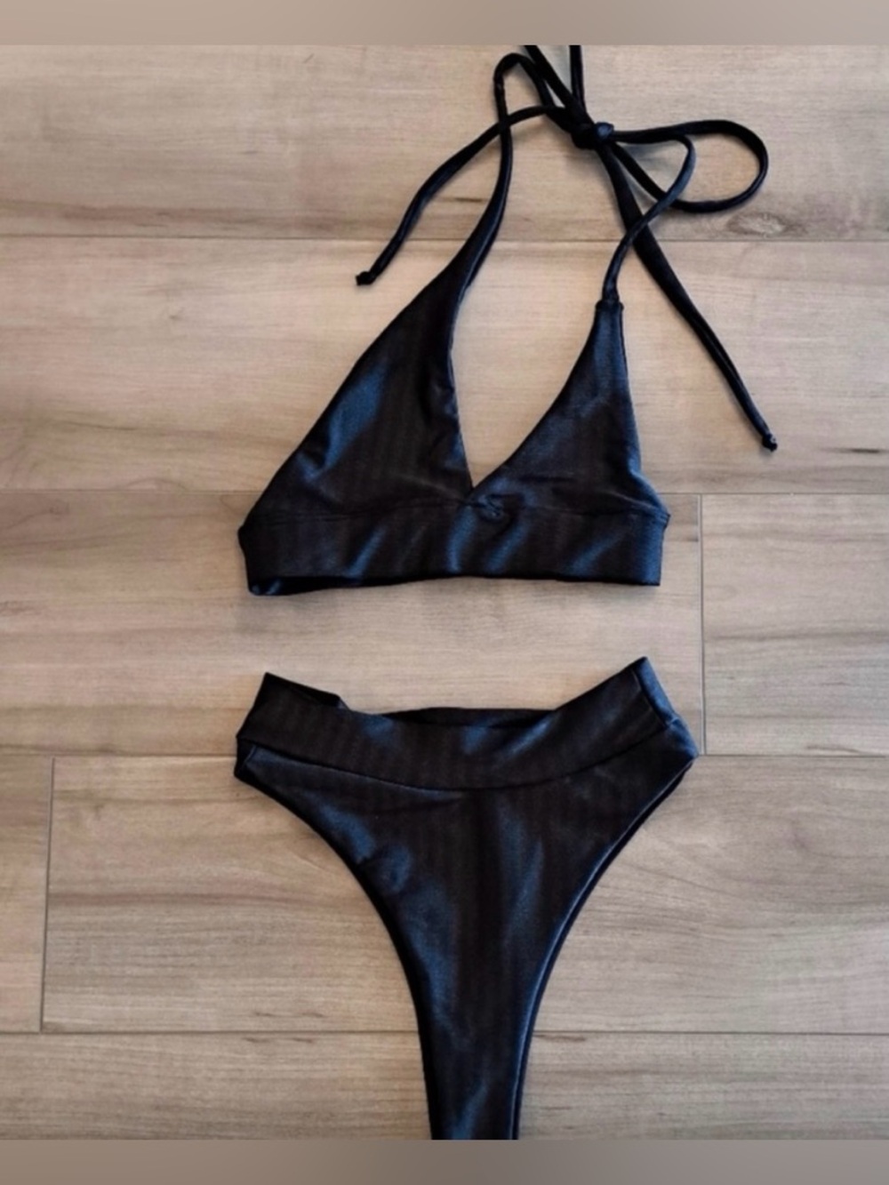 Two-Piece Brazilian Black Sideways Halter Bikini Set, Brand New’